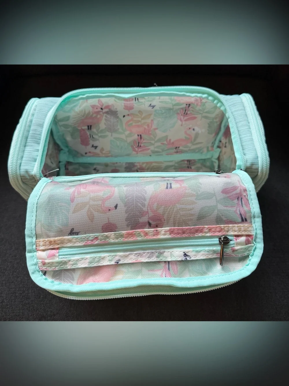 Lug Trolley Medium 2 Cosmetic Case – Brushed Aquamarine Blue Flamingo Foliage